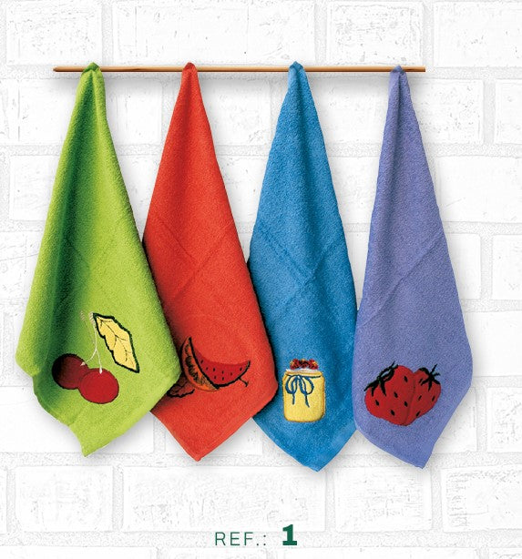 PACK 4 PAÑOS COCINA BORDADOS REF 1 FRUTAS FIOTEX
