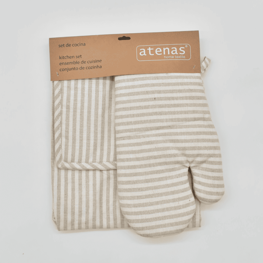 SET DELANTAL, MANOPLA Y AGARRADOR RAYAS BEIGE ATENAS