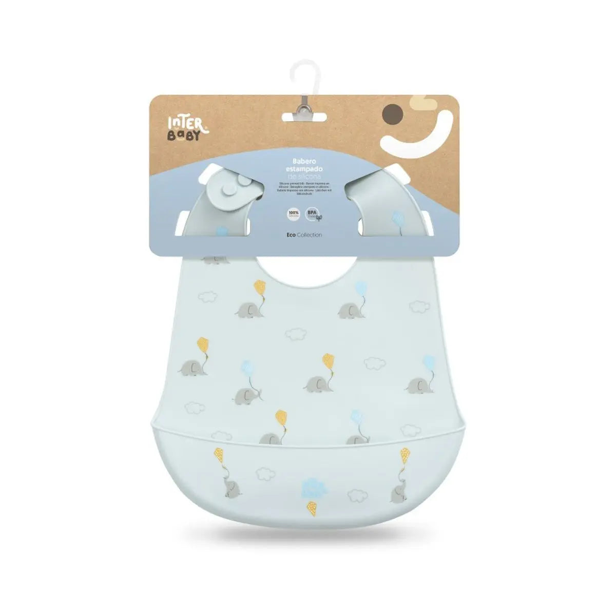 BABERO SILICONA ESTAMPADO MODELO ELEFANTES AZUL GRISACEO INTERBABY