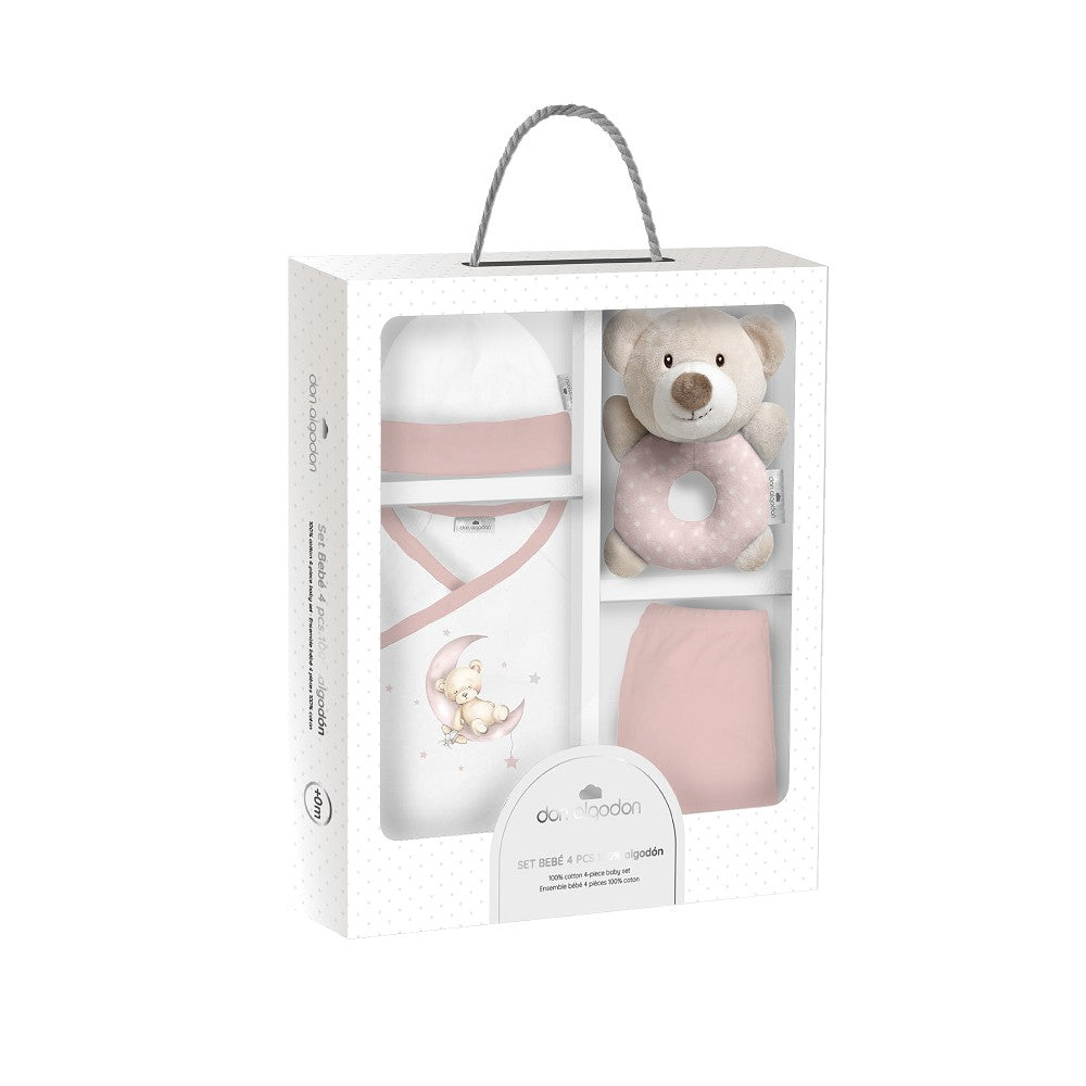 SET REGALO SONAJERO 4 PCS 100% ALG T 0-6M OSO ROSA INTERBABY