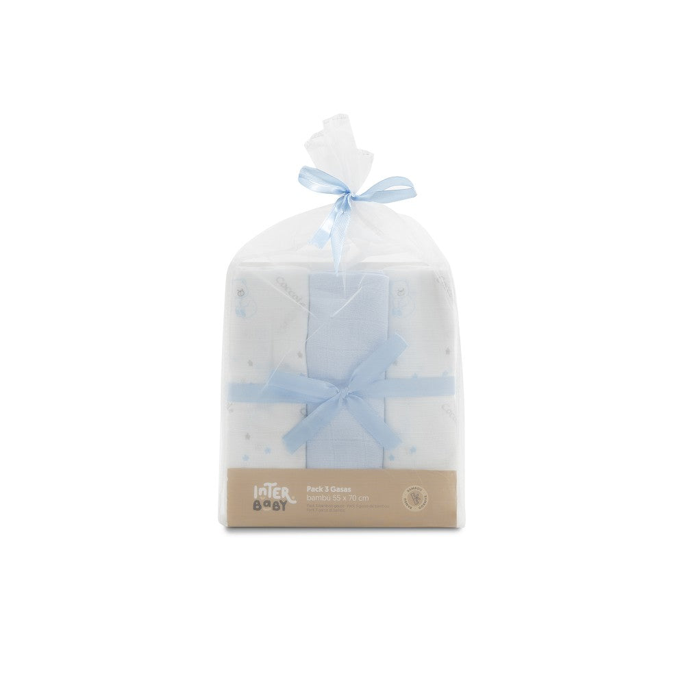 PACK 3 GASAS BAMBÚ 55X70 BEAR AZUL INTERBABY
