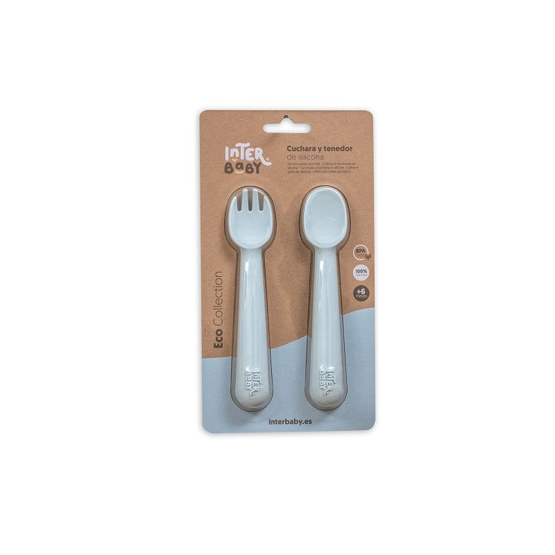 CUCHARA Y TENEDOR SILICONA S1009-73 AZUL GRISÁCEO INTERBABY