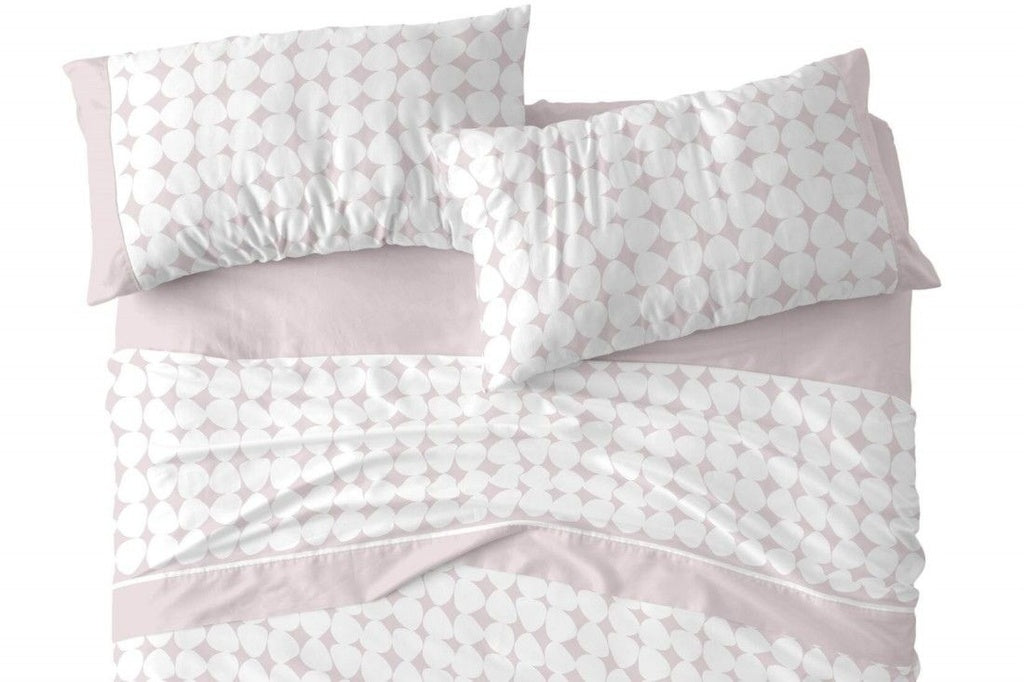 Pespunte en embozo rosa colorete y ribete blanco estampado de las sábanas Burrito Blanco.