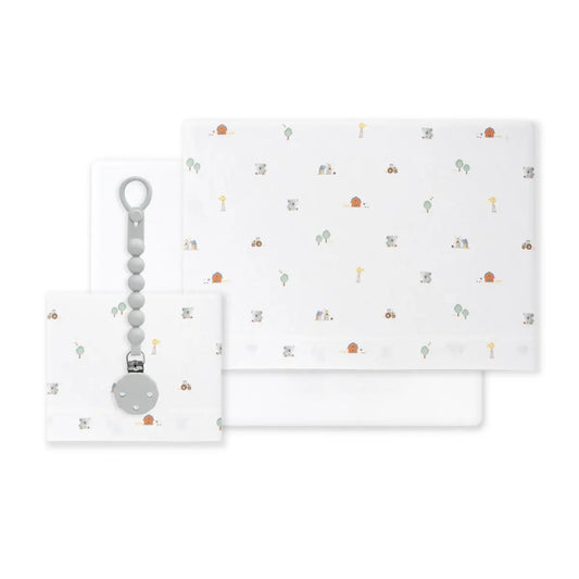 TRIPTICO CUNA TELA GRANJA KOALA BORDADO+ BROCHE BLANCO INTERBABY
