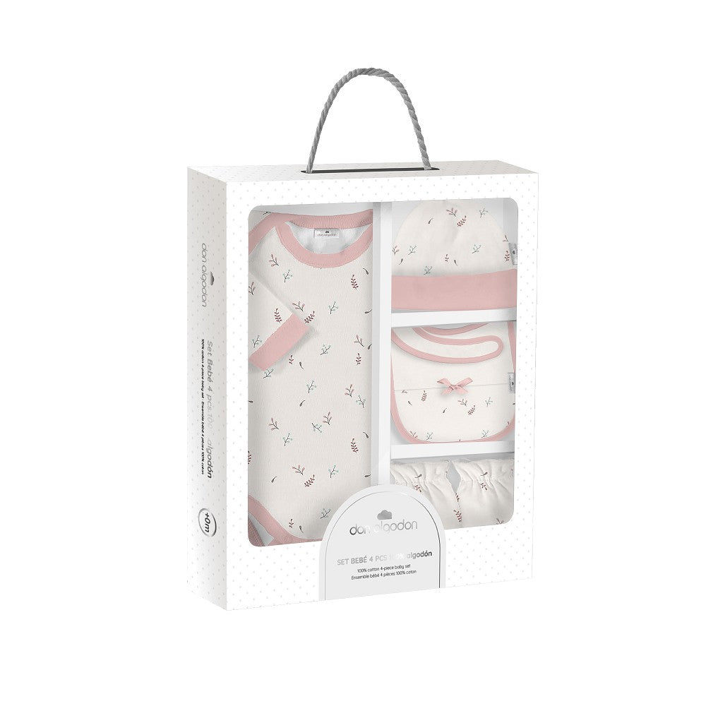 SET REGALO BODY 4 PCS 100% ALG T 0-6M FLORES BOTANICO BEIGE-ROSA INTERBABY