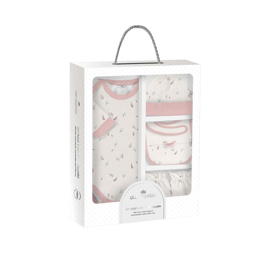 SET REGALO BODY 4 PCS 100% ALG T 0-6M FLORES BOTANICO BEIGE-ROSA INTERBABY