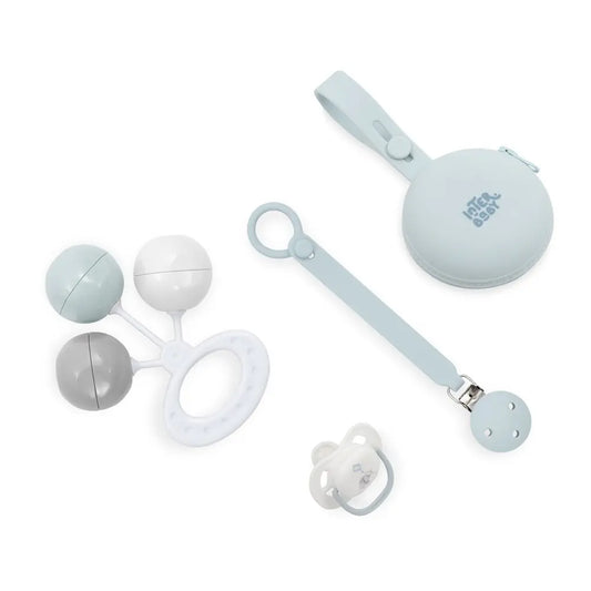 SET 4 PCS SILICONA CHUPETERO+PORTA+CHUPETE+SONAJERO SET58 AZUL INTERBABY