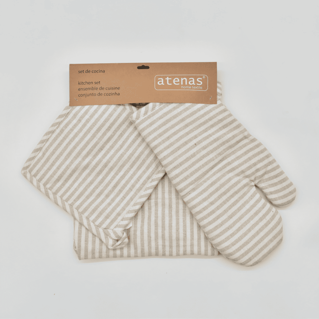 SET DELANTAL, MANOPLA Y AGARRADOR RAYAS BEIGE ATENAS