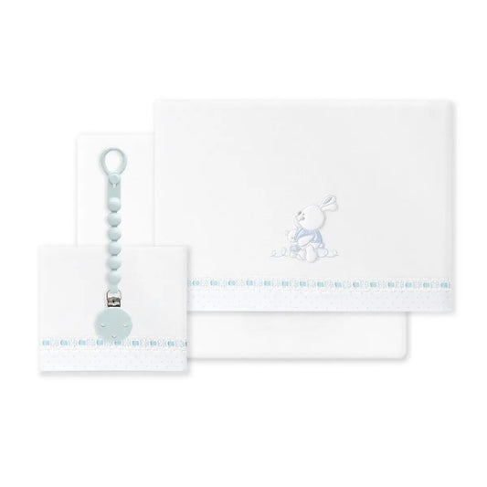 TRIPTICO CUNA TELA CONEJITOS ABRAZOS PASACINTAS + BROCHE BCO/AZUL INTERBABY