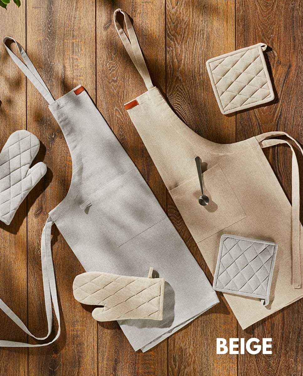 SET DELANTAL, MANOPLA Y AGARRADOR LISO BEIGE ATENAS