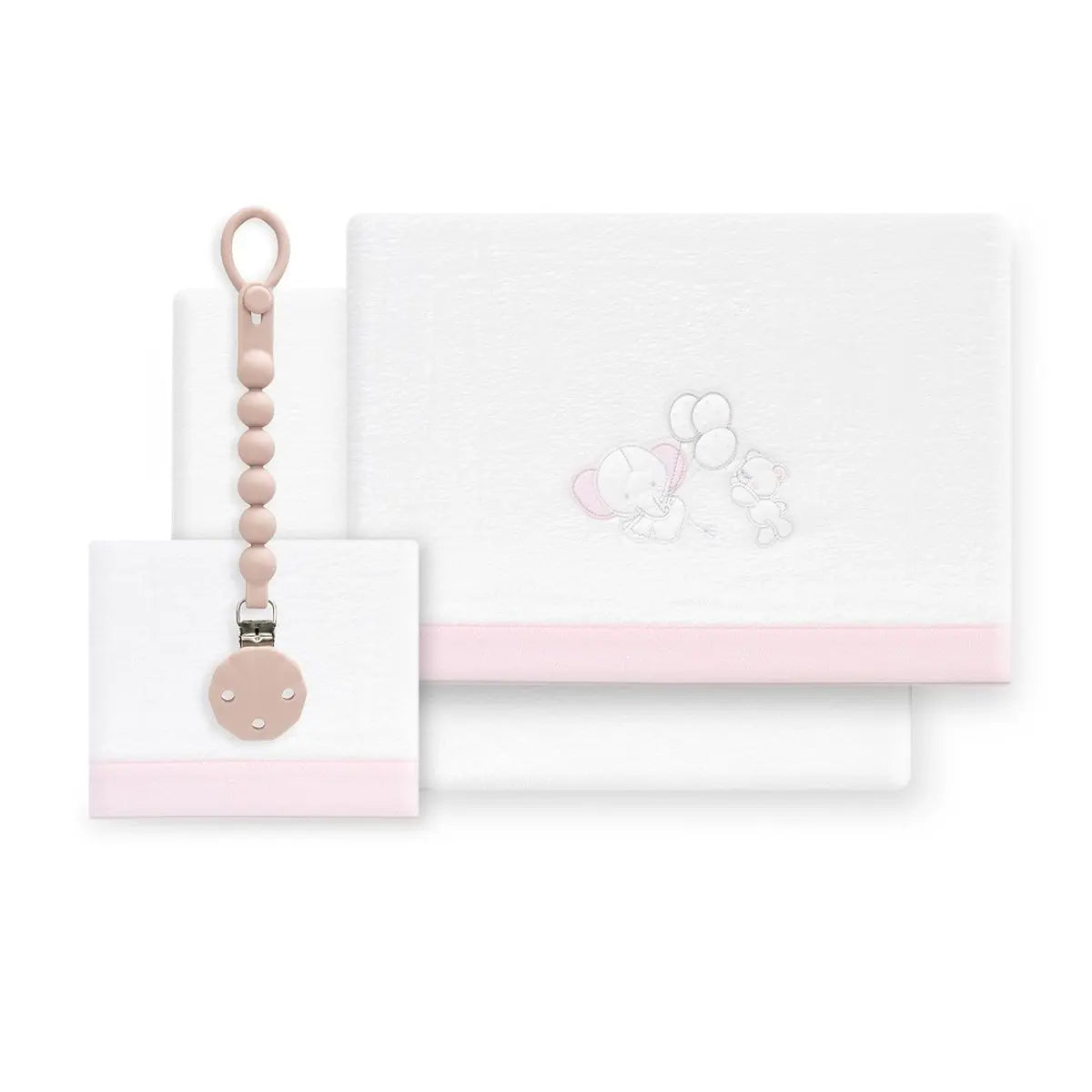 TRIPTICO CORALINA CUNA OSO ELEFANTE GLOBOS + BROCHE BCO/ROSA INTERBABY