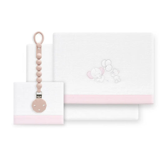 TRIPTICO CORALINA CUNA OSO ELEFANTE GLOBOS + BROCHE BCO/ROSA INTERBABY