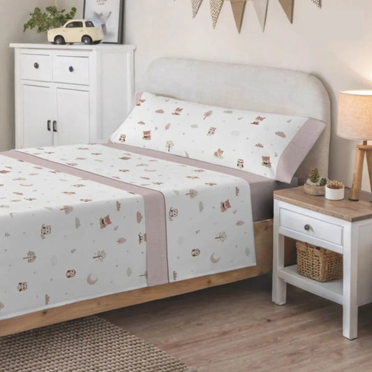 JUEGO DE SABANAS TELA FOREST ROSA KABELY KIDS