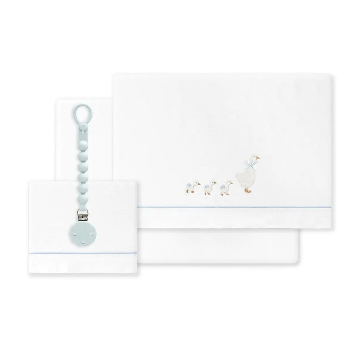 TRIPTICO CUNA TELA PATITOS FAMILIA + BROCHE BCO/AZUL INTERBABY