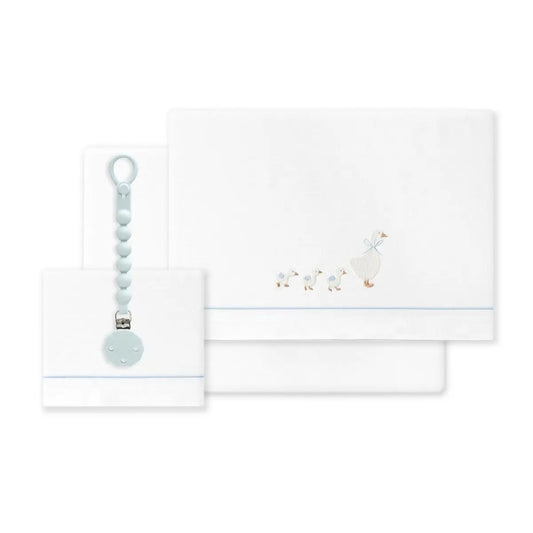 TRIPTICO CUNA TELA PATITOS FAMILIA + BROCHE BCO/AZUL INTERBABY