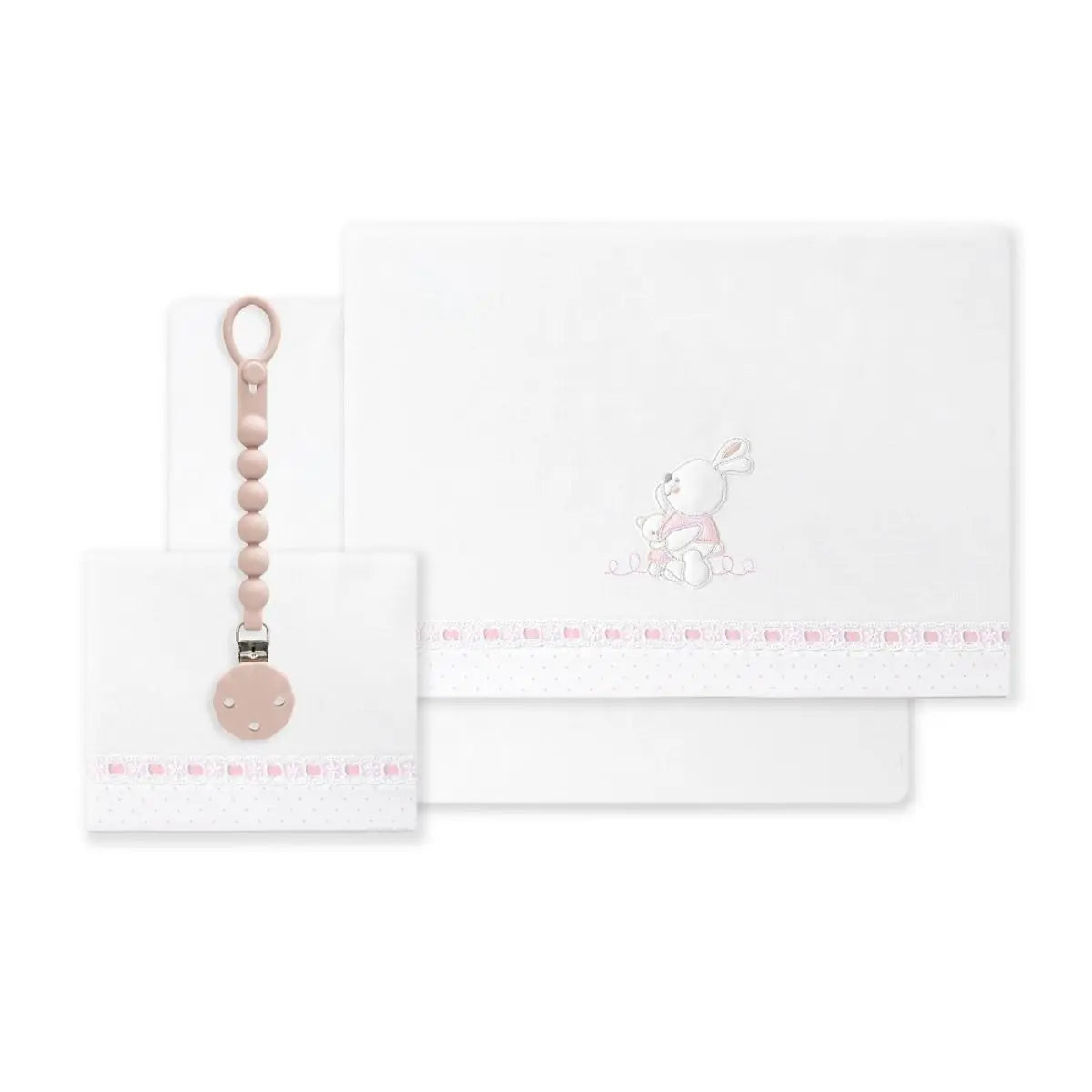 TRIPTICO CUNA TELA CONEJITOS ABRAZOS PASACINTAS + BROCHE BCO/ROSA INTERBABY