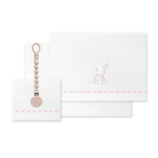 TRIPTICO CUNA TELA CONEJITOS ABRAZOS PASACINTAS + BROCHE BCO/ROSA INTERBABY