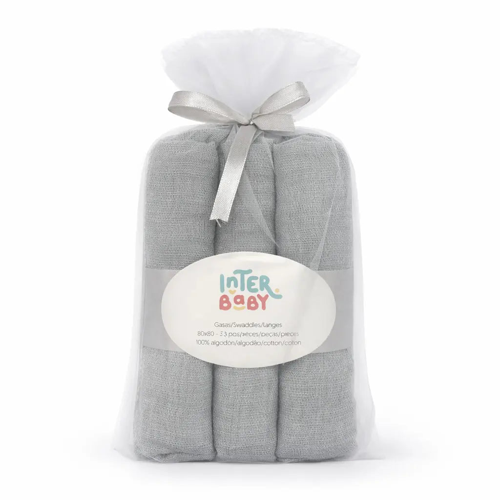 PACK 3 GASAS 80X80 CONEJITOS ESTRELLAS GRIS INTERBABY