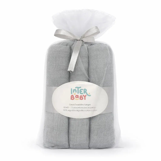 PACK 3 GASAS 80X80 CONEJITOS ESTRELLAS GRIS INTERBABY