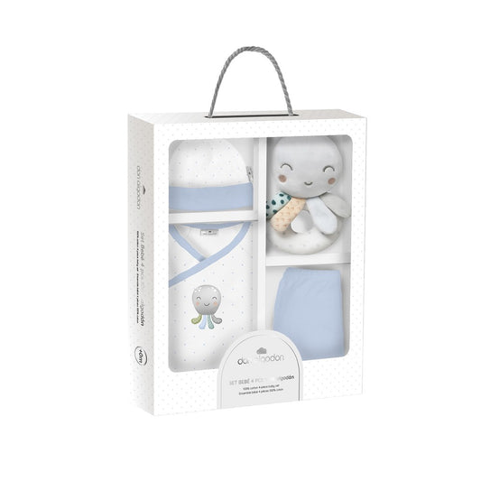 SET REGALO SONAJERO 4 PCS 100% ALG T 0-6M PULPO AZUL INTERBABY