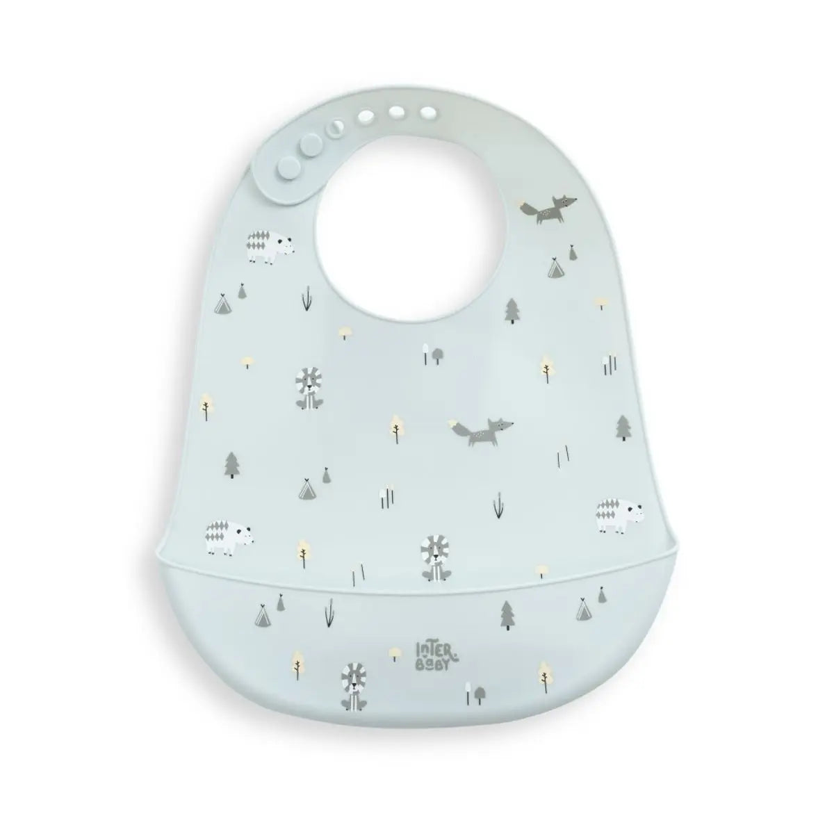 BABERO SILICONA ESTAMPADO MODELO FOREST AZUL GRISACEO INTERBABY