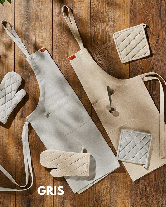 SET DELANTAL, MANOPLA Y AGARRADOR LISO GRIS ATENAS