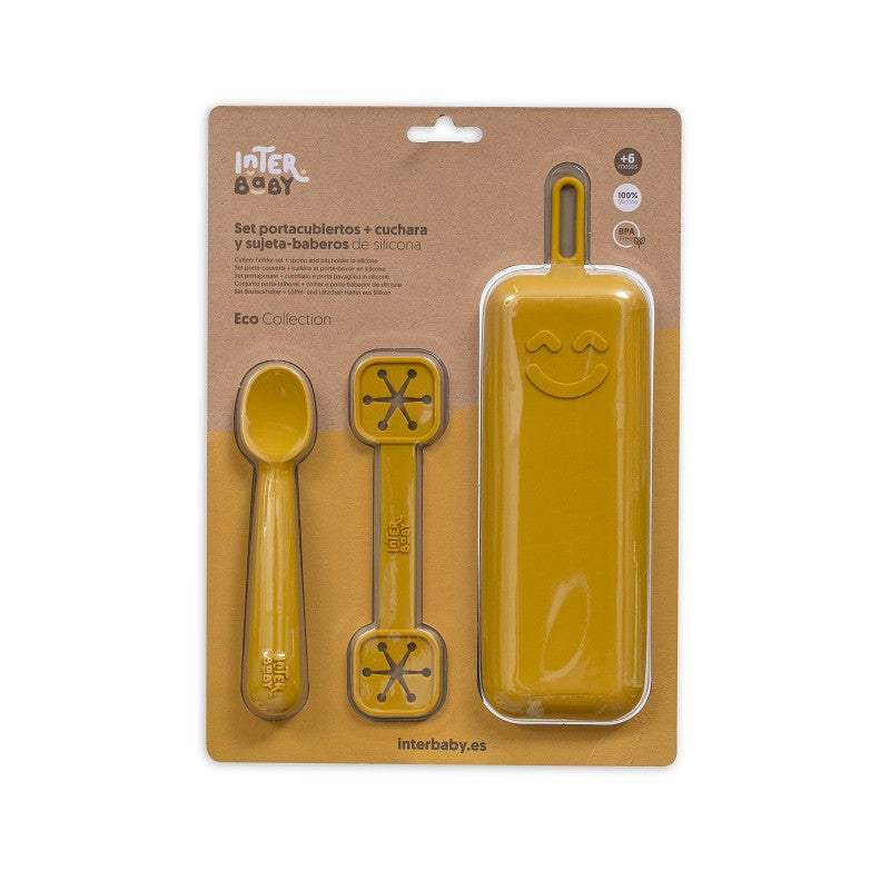 SET PORTACUBIERTOS+CUCHARA+SUJETA BABEROS SILICONA SI012-75 OCRE TIERRA INTERBABY