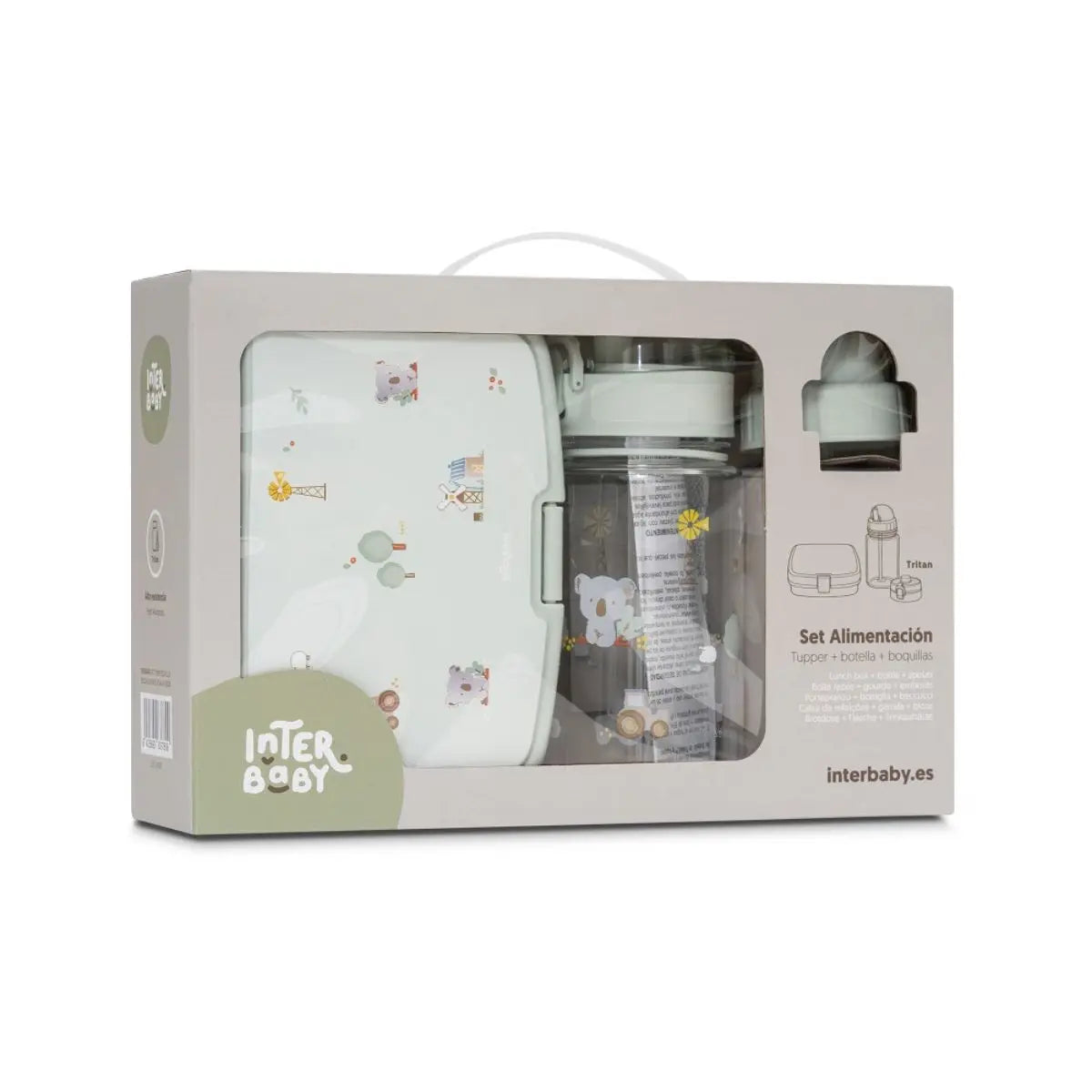 SET FIAMBRERA+BOTELLA AGUA + 2 TAPONES MODELO GRANJA KOALA VERDE INTERBABY