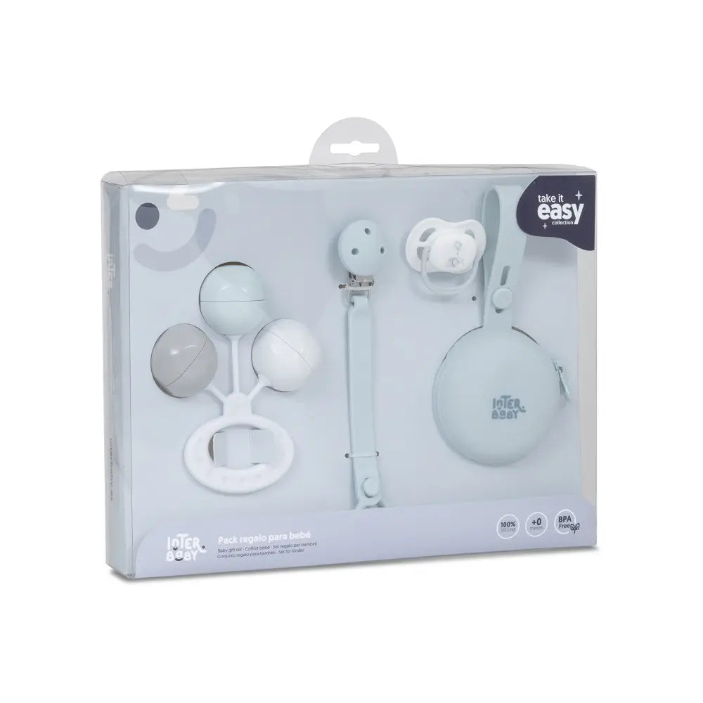 SET 4 PCS SILICONA CHUPETERO+PORTA+CHUPETE+SONAJERO SET58 AZUL INTERBABY