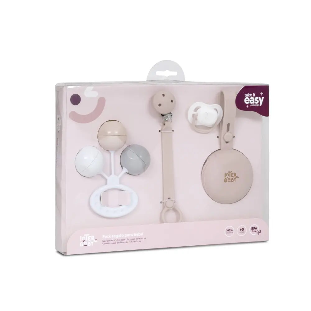 SET 4 PCS SILICONA CHUPETERO+PORTA+CHUPETE+SONAJERO SET58 ROSA INTERBABY