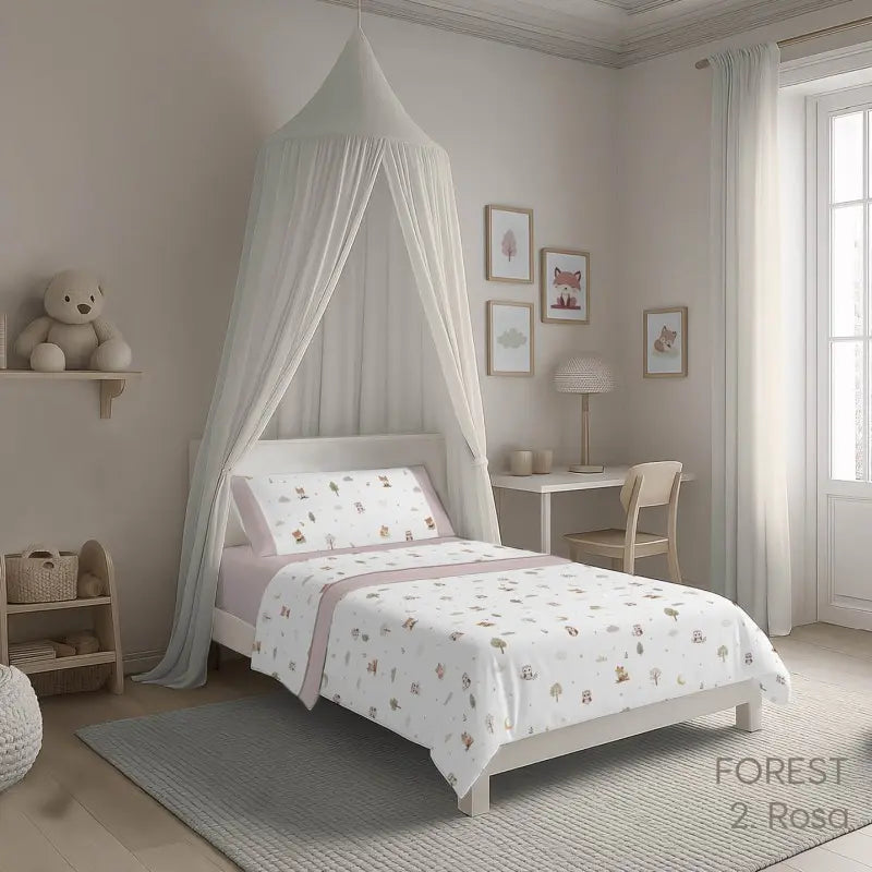 JUEGO DE SABANAS TELA FOREST ROSA KABELY KIDS