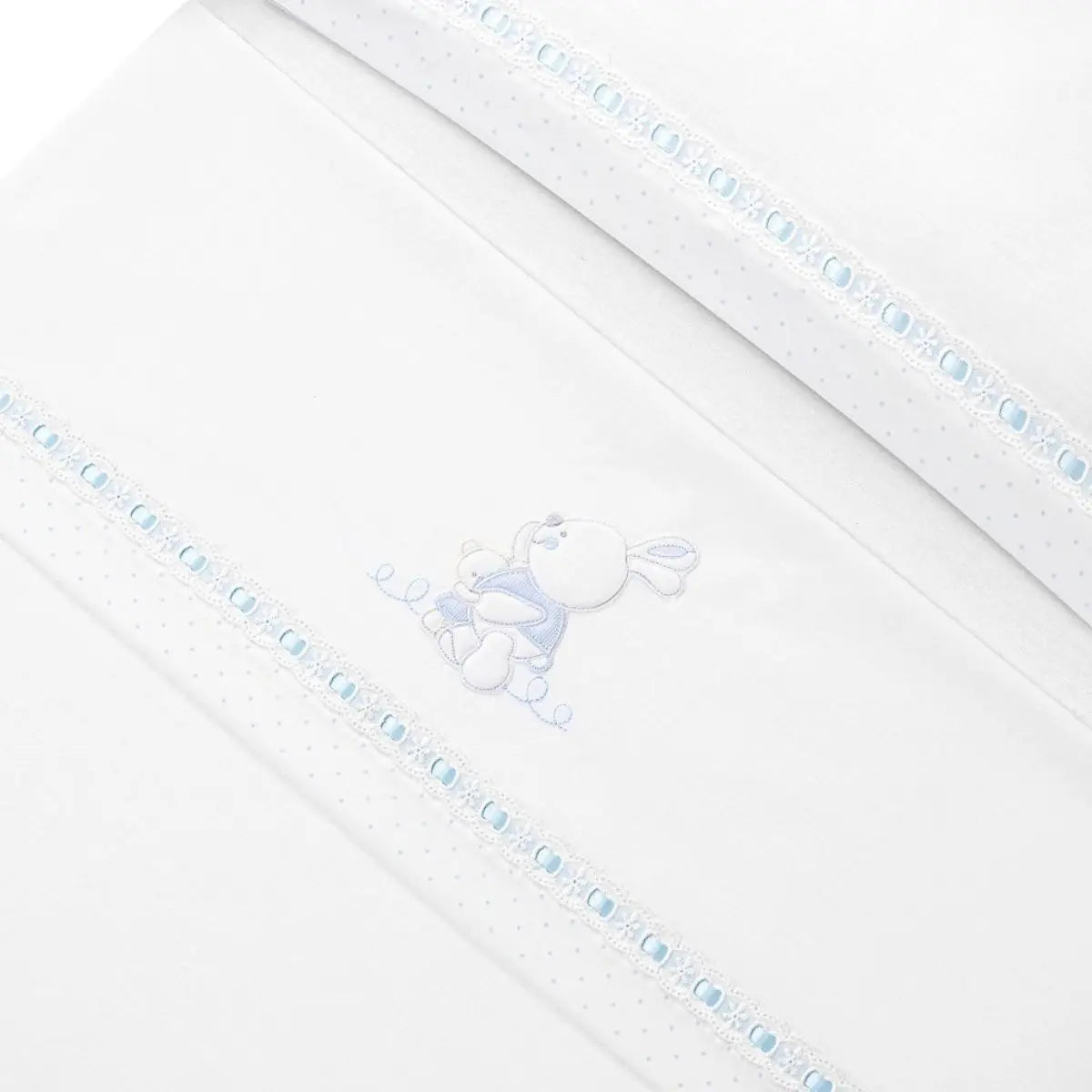 TRIPTICO CUNA TELA CONEJITOS ABRAZOS PASACINTAS + BROCHE BCO/AZUL INTERBABY