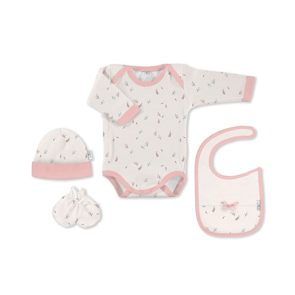 SET REGALO BODY 4 PCS 100% ALG T 0-6M FLORES BOTANICO BEIGE-ROSA INTERBABY