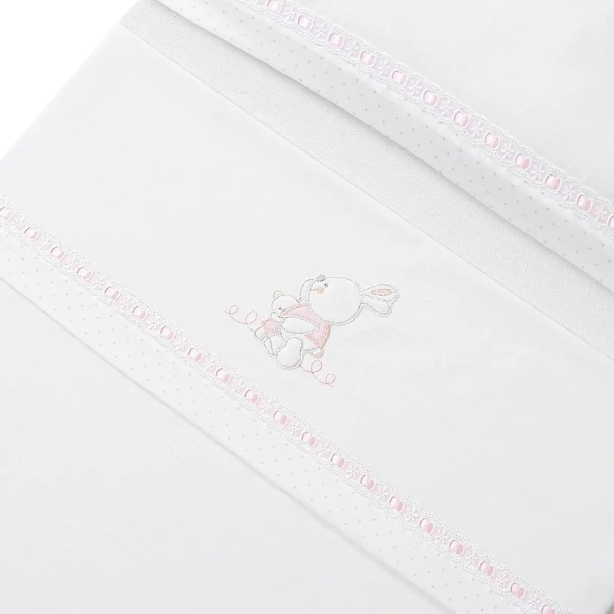 TRIPTICO CUNA TELA CONEJITOS ABRAZOS PASACINTAS + BROCHE BCO/ROSA INTERBABY
