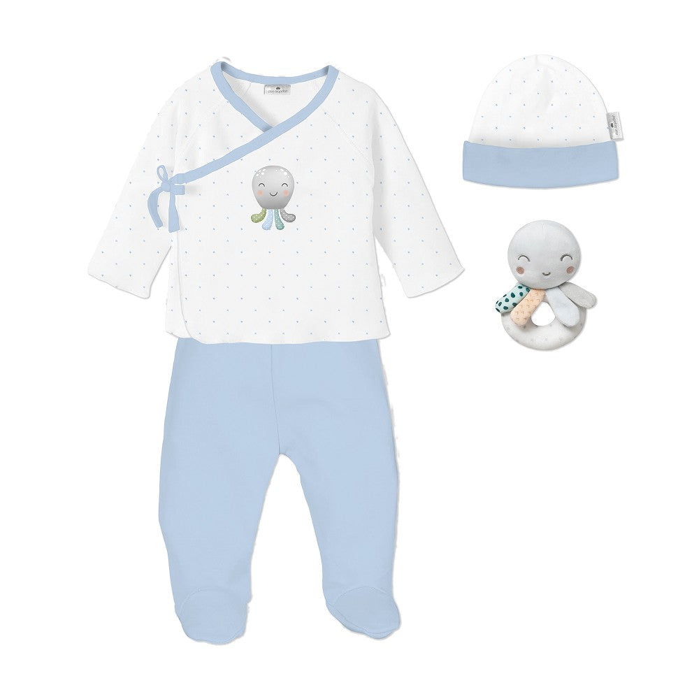 SET REGALO SONAJERO 4 PCS 100% ALG T 0-6M PULPO AZUL INTERBABY