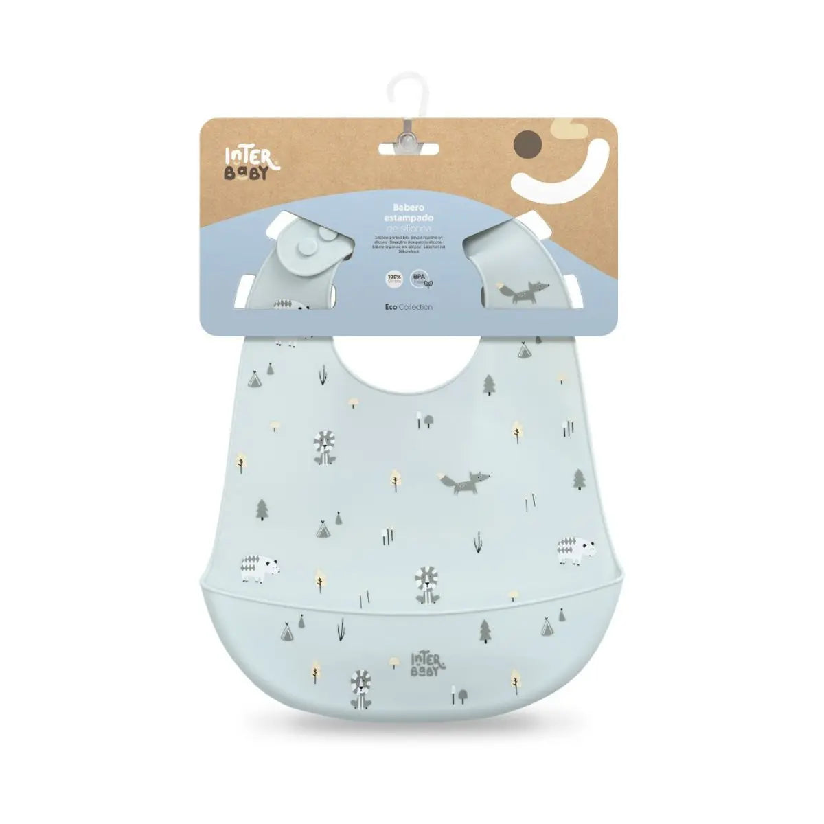 BABERO SILICONA ESTAMPADO MODELO FOREST AZUL GRISACEO INTERBABY