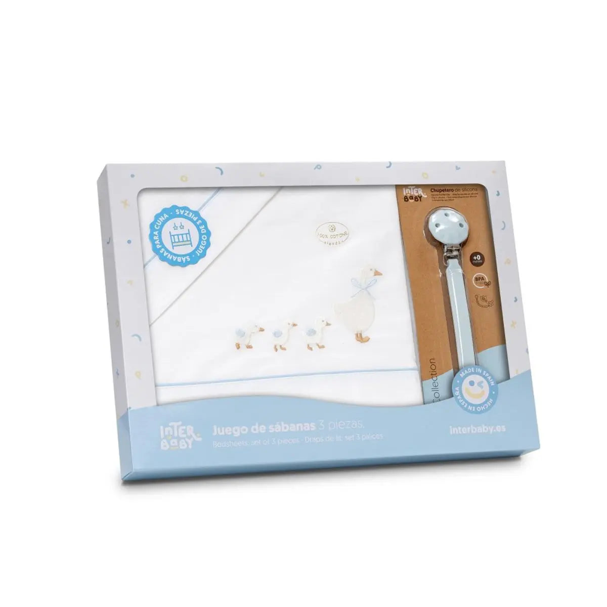 TRIPTICO CUNA TELA PATITOS FAMILIA + BROCHE BCO/AZUL INTERBABY