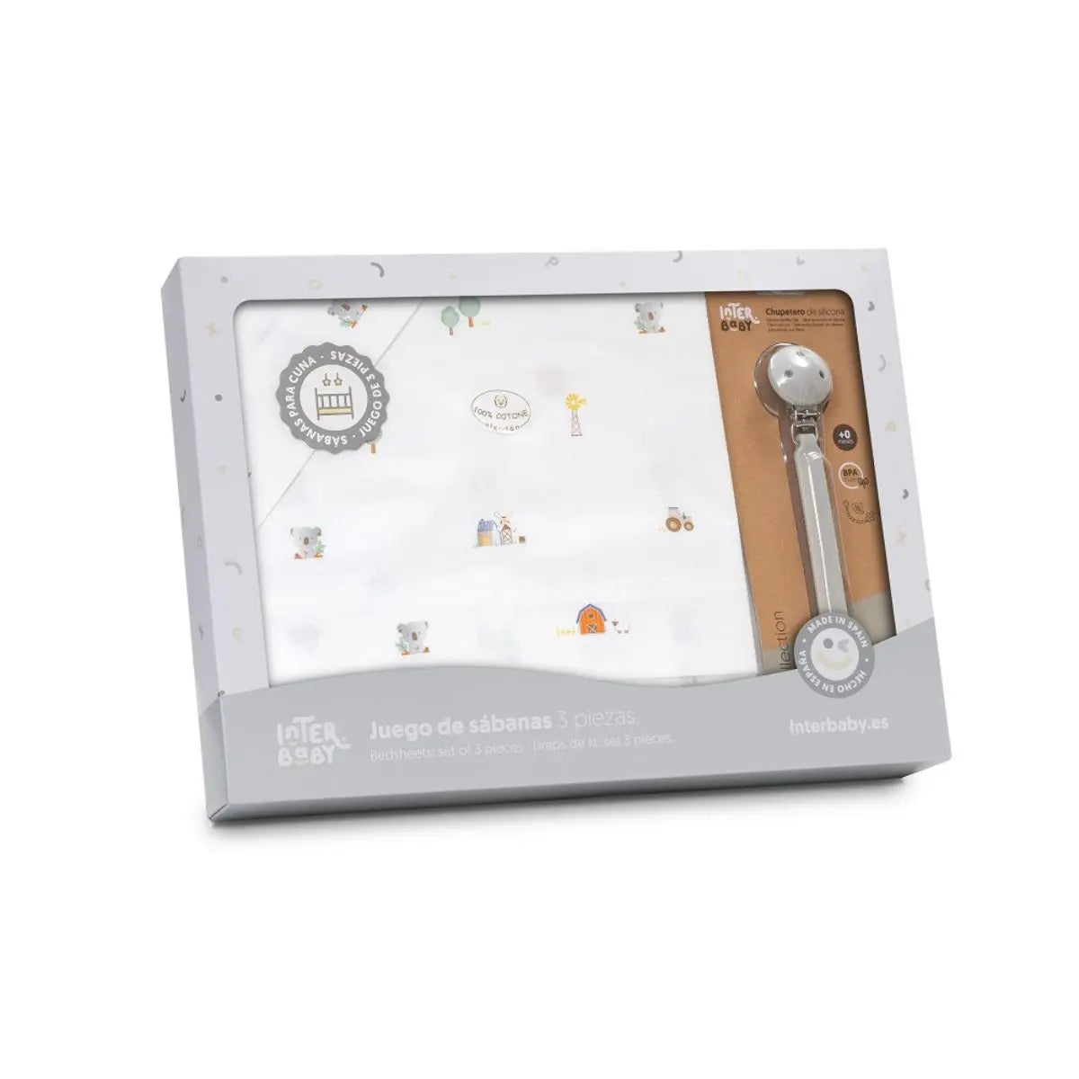 TRIPTICO CUNA TELA GRANJA KOALA BORDADO+ BROCHE BLANCO INTERBABY