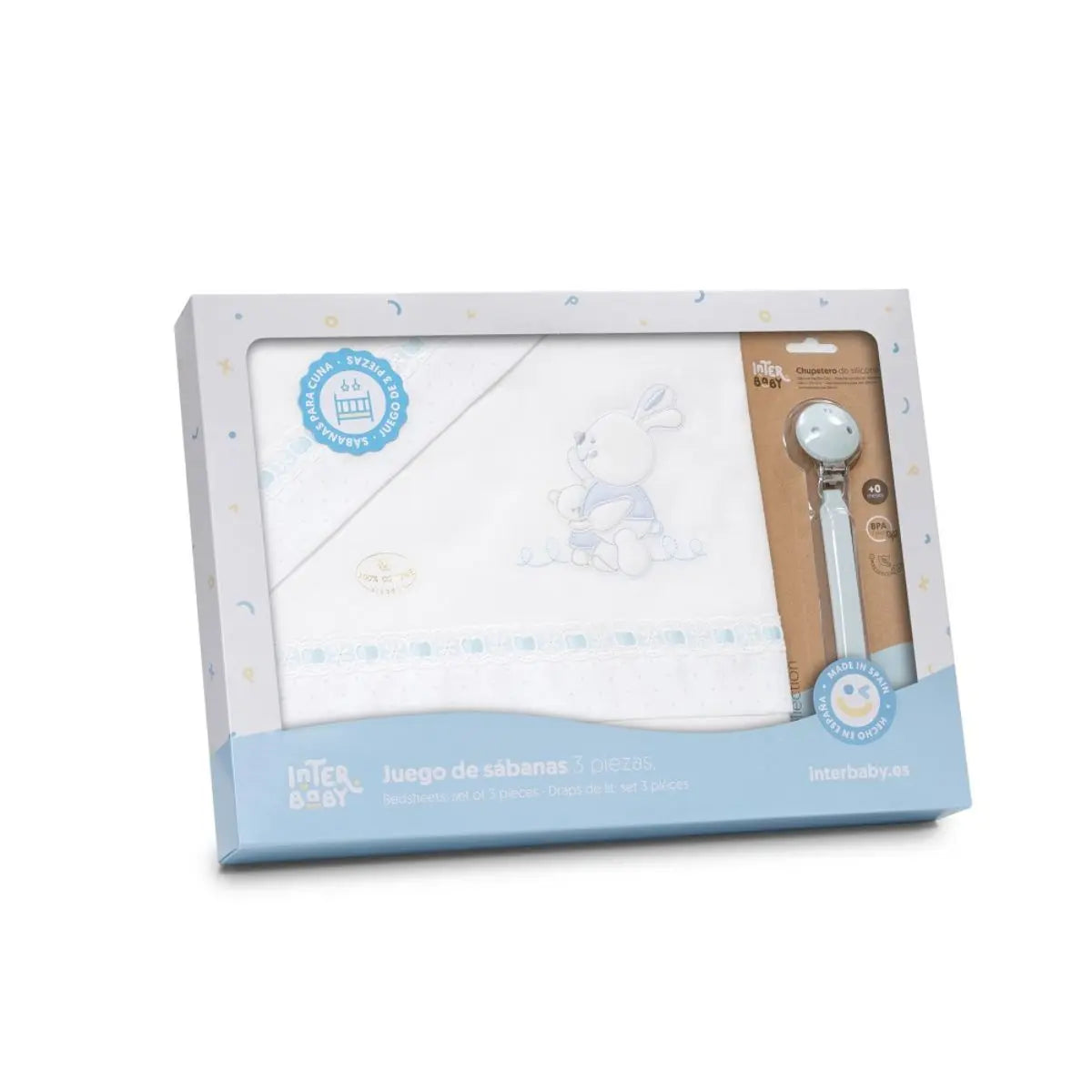TRIPTICO CUNA TELA CONEJITOS ABRAZOS PASACINTAS + BROCHE BCO/AZUL INTERBABY