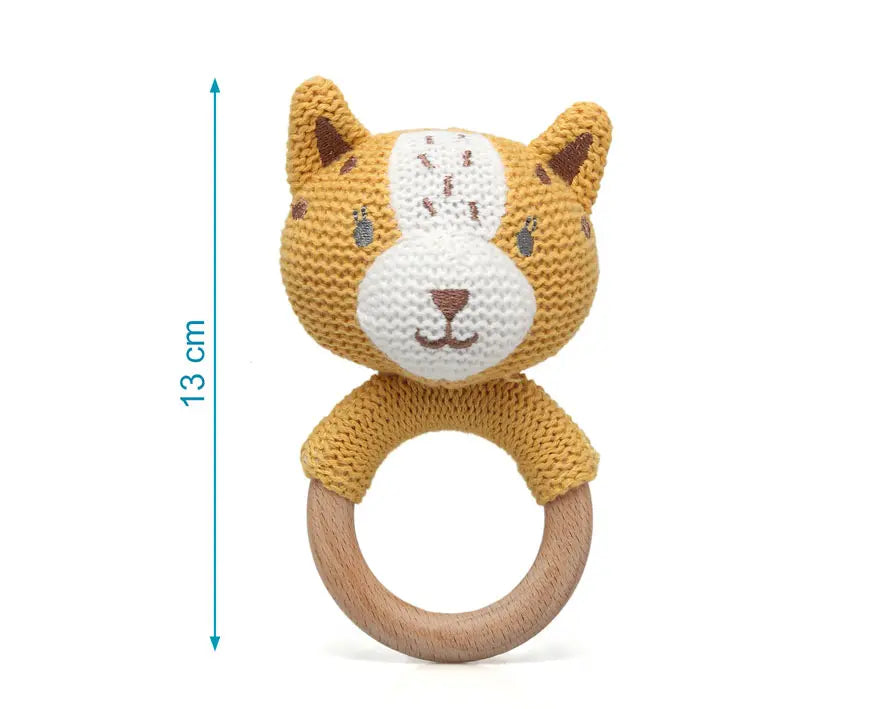 MORDEDOR SONAJERO TIGRE MADERA Y ALGODÓN 5820 MOSTAZA KIOKIDS