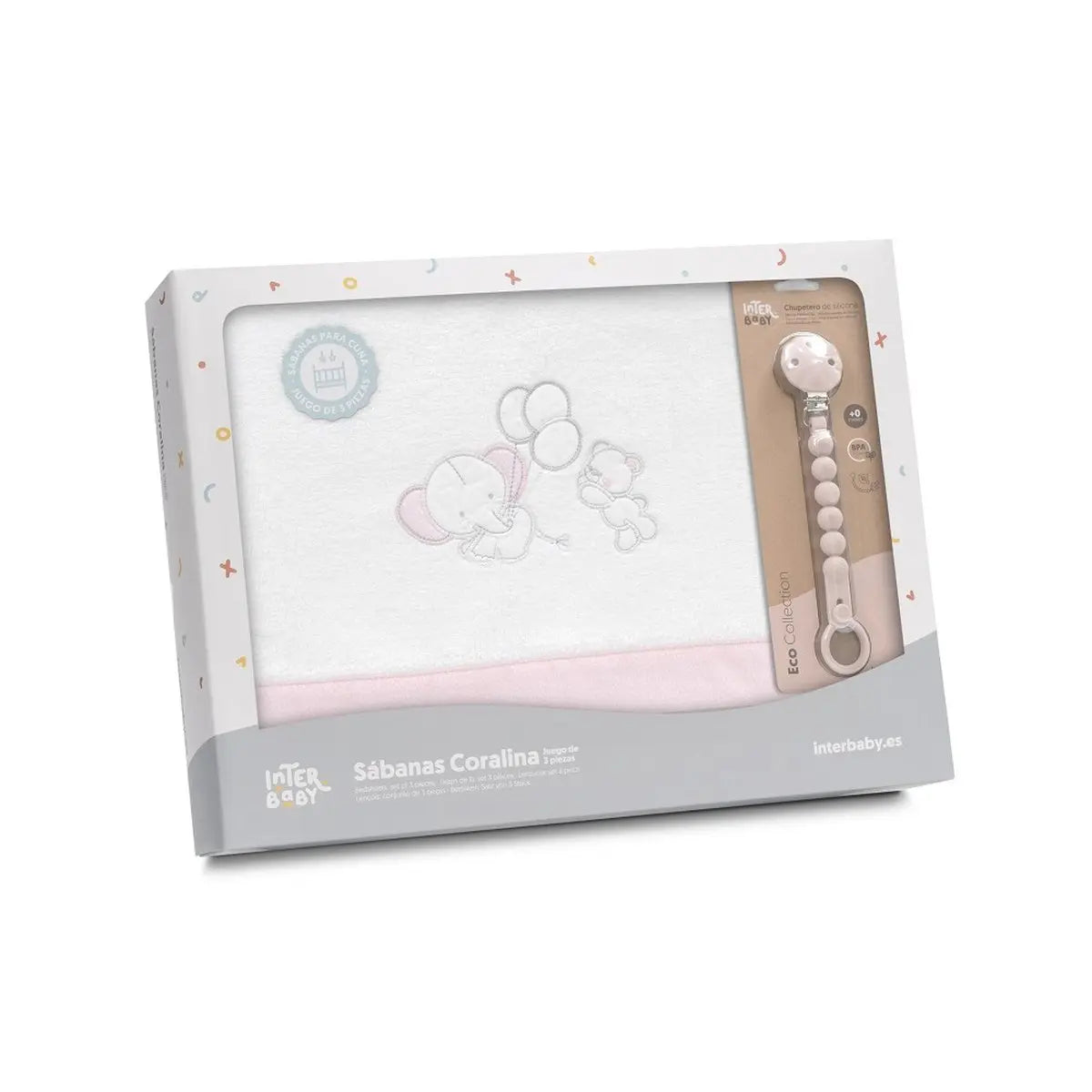 TRIPTICO CORALINA CUNA OSO ELEFANTE GLOBOS + BROCHE BCO/ROSA INTERBABY