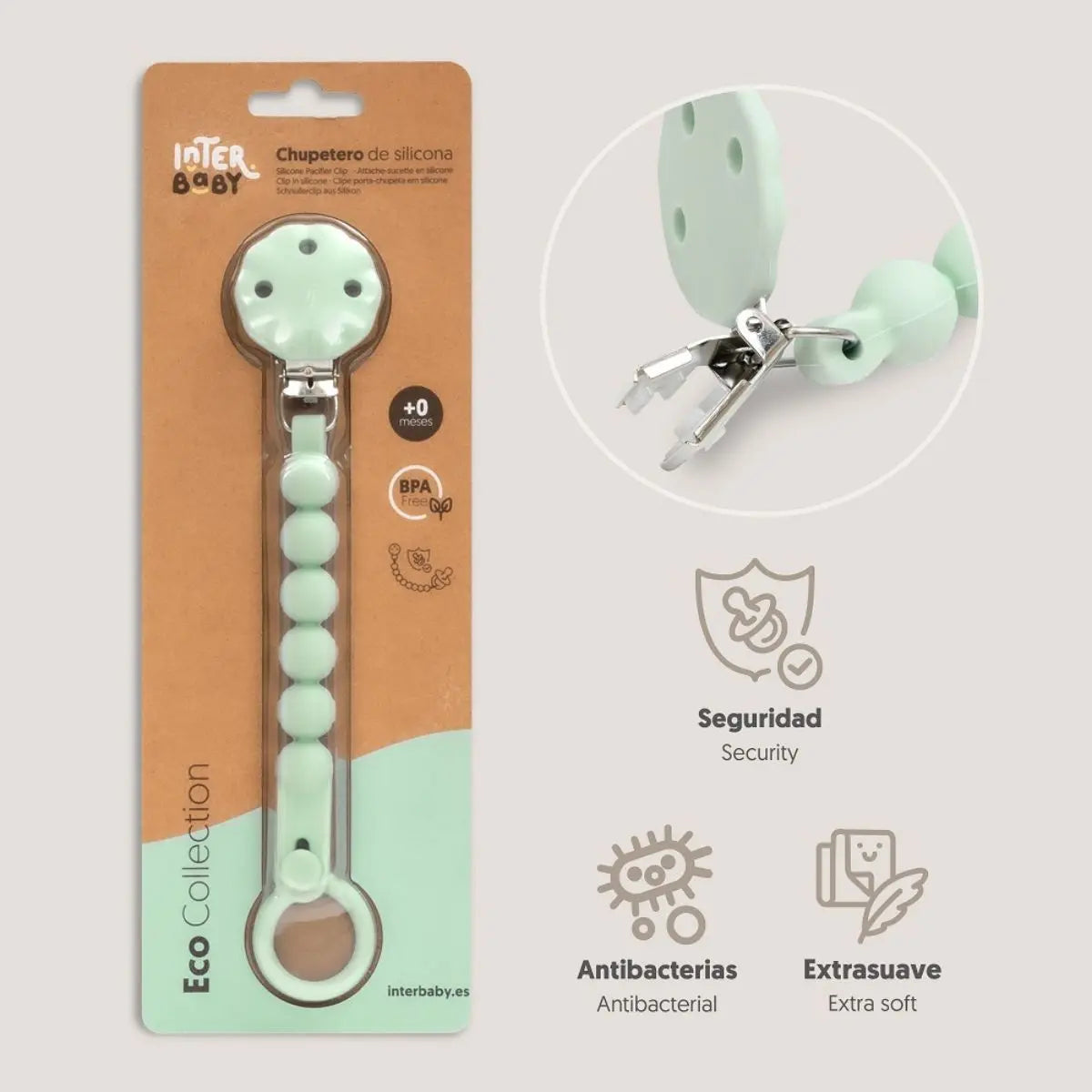 CHUPETERO SILICONA CADENA SI018 VERDE GRISACEO INTERBABY