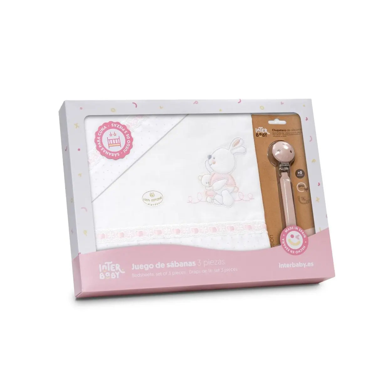 TRIPTICO CUNA TELA CONEJITOS ABRAZOS PASACINTAS + BROCHE BCO/ROSA INTERBABY