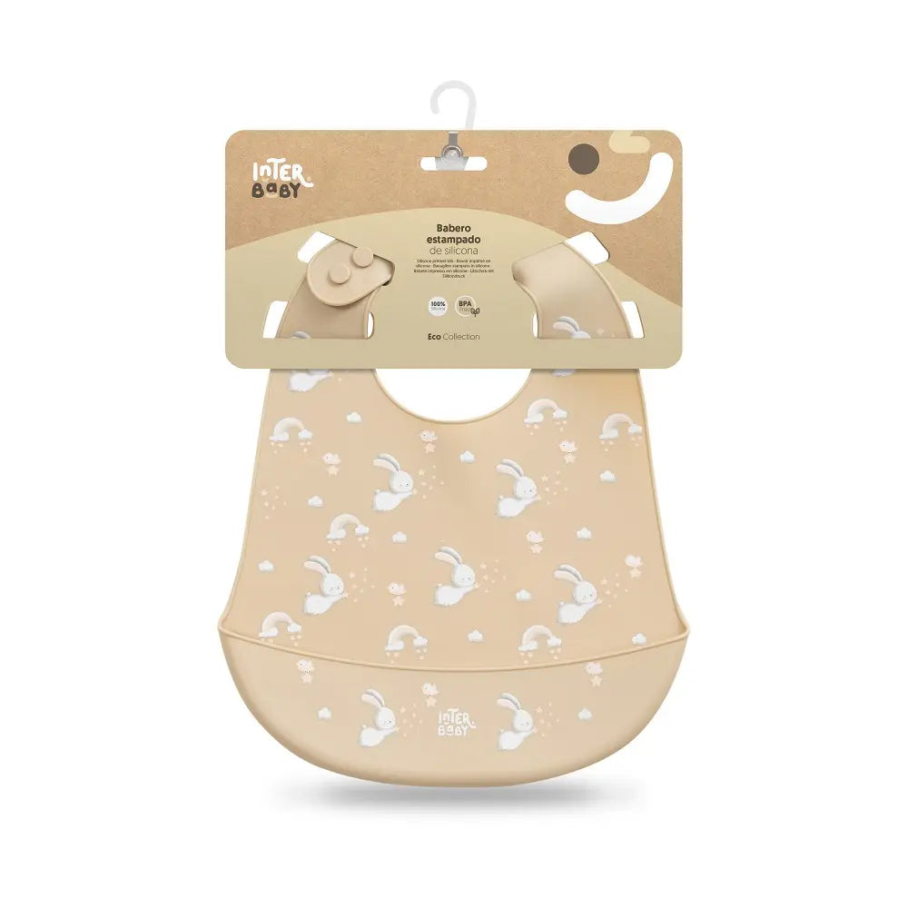 BABERO SILICONA ESTAMPADO CONEJITOS BEIGE INTERBABY