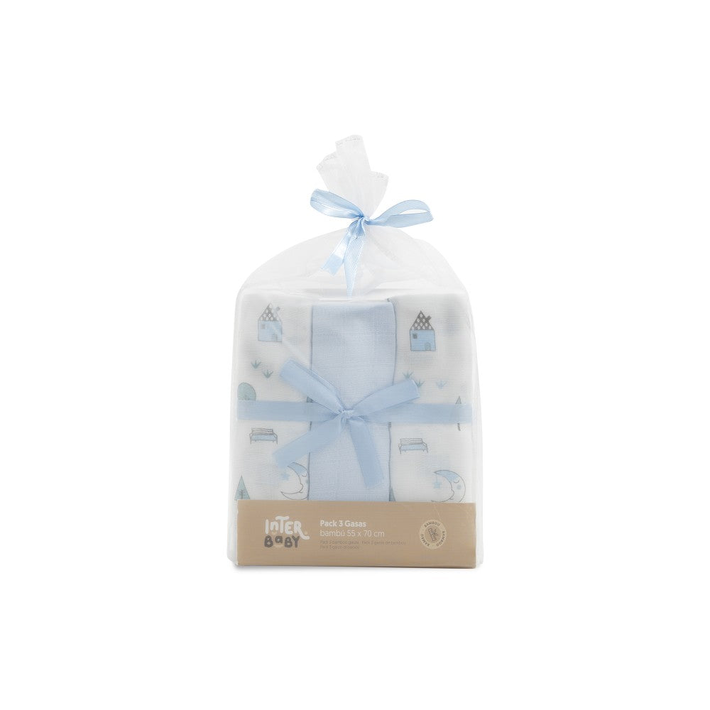 PACK 3 GASAS BAMBÚ 55X70 MOON AZUL INTERBABY