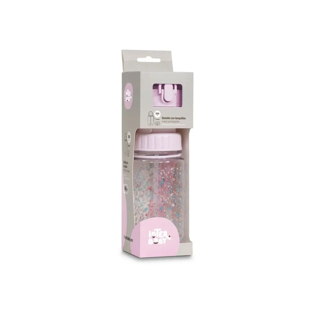 BOTELLA DE AGUA CON PAJITA MODELO PETALOS ROSA INTERBABY