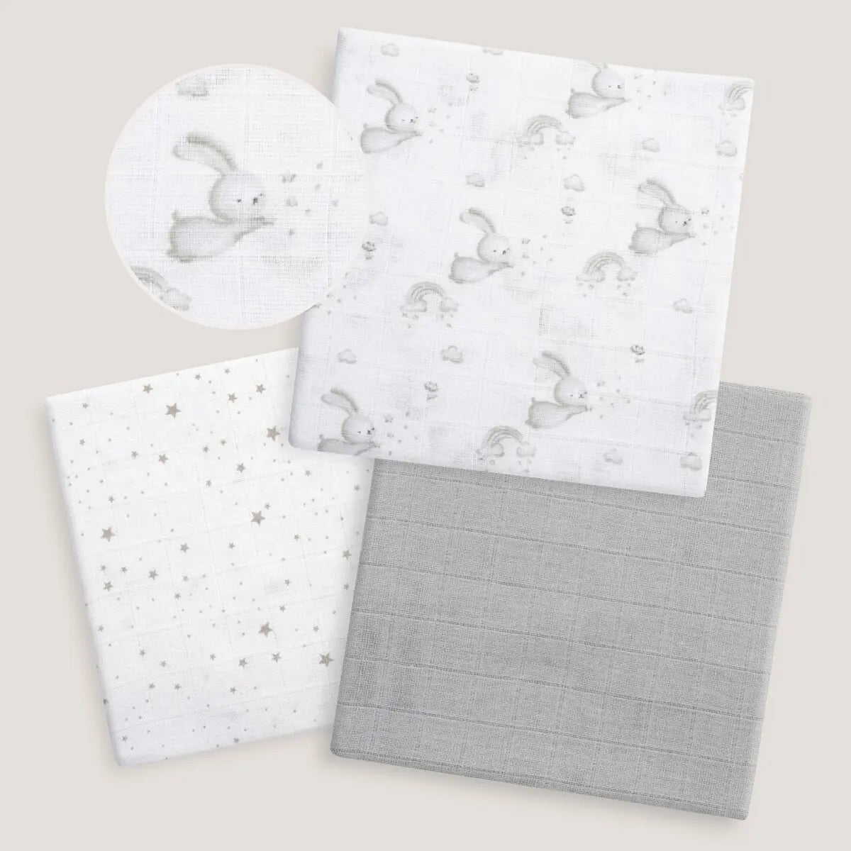 PACK 3 GASAS 80X80 CONEJITOS ESTRELLAS GRIS INTERBABY