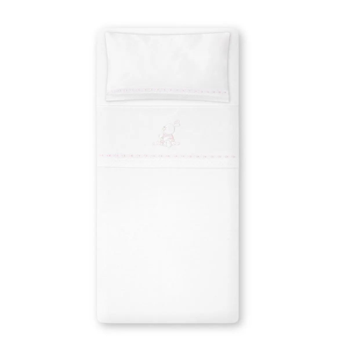 TRIPTICO CUNA TELA CONEJITOS ABRAZOS PASACINTAS + BROCHE BCO/ROSA INTERBABY
