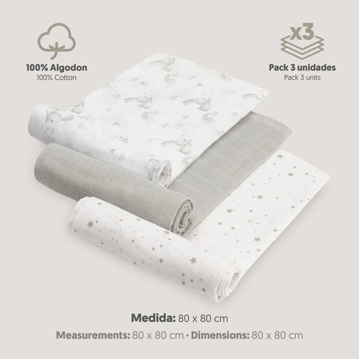GASAS 80X80 PACK3 MODELO CONEJITOS ESTRELLAS GRIS INTERBABY
