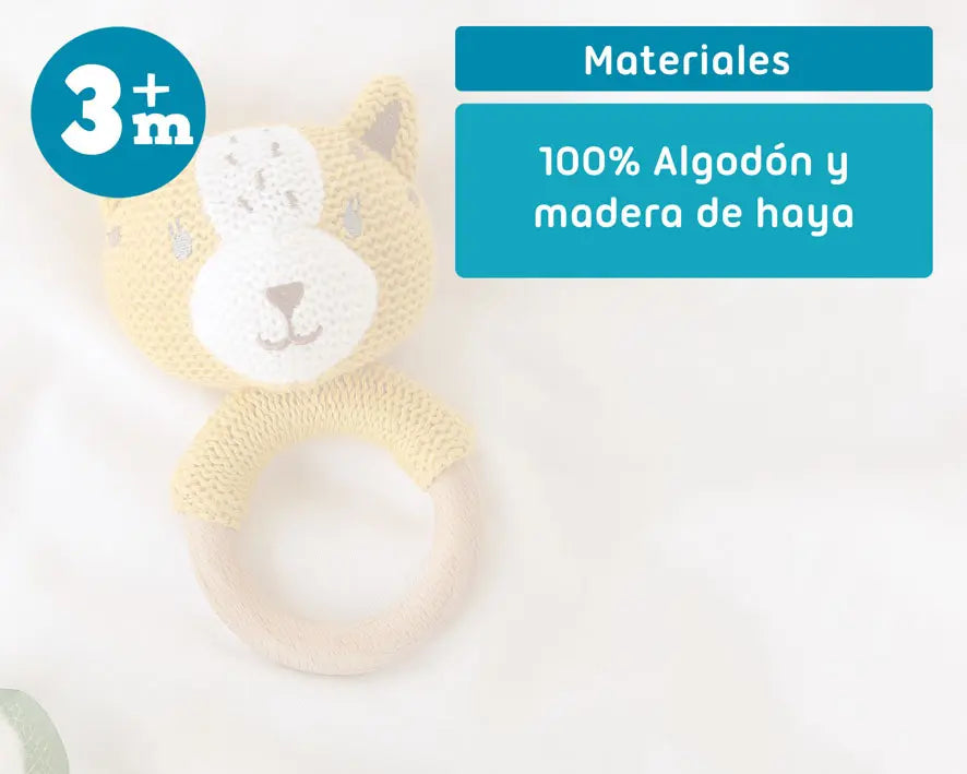MORDEDOR SONAJERO TIGRE MADERA Y ALGODÓN 5820 MOSTAZA KIOKIDS